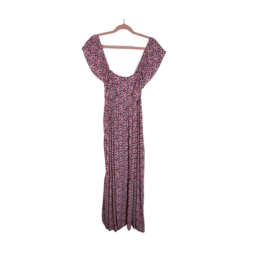 Zara Pink & Red Floral Print Ruffle Strap Maxi Side Zipper Tiered Long Dress XS